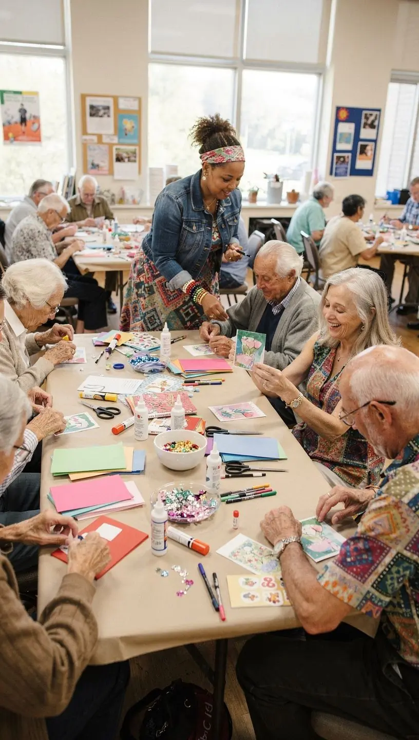 Ein Senior, der an einer Kreativwerkstatt in der Gemeinschaft teilnimmt