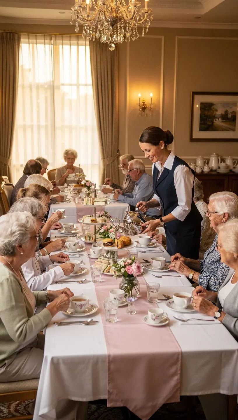 Ein freundlicher Mitarbeiter, der einem älteren Bewohner beim Einkaufen hilft.